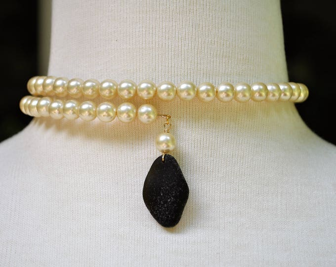 One Size Fits Wrap Around Necklace Ivory Pearl Gemstone Necklace with Genuine Black Olive Sea Glass 14k Gold Filled Free Shipping 2086