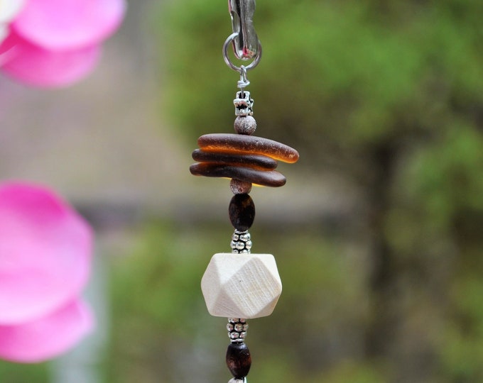 Beach Fan Pull, Genuine Sea Glass, Ceiling Fan Pull, Light Pull, Suncatcher, Frosty Brown Stack 607, Lamp Pull, Beaded Pull, Beach Gifts