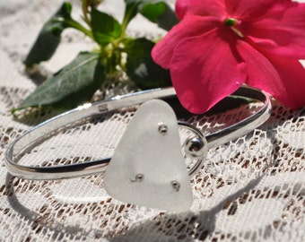 Bangle Bracelet, Sea Glass Jewelry Beach Bracelet in Solid Sterling Silver and Frosty White 2873