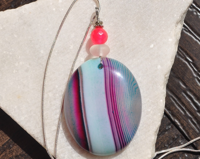 Rock Necklace, Onyx Agate Pendant, Pink Striped Oval Stone, Genuine Sea Glass Accent, Faceted Rose Jade Bead, Sterling Chain Included  B10