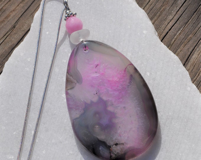 Stone Necklace, Onyx Geode Agate Pendant, Large Pink Rock, Genuine Sea Glass Accent, Faceted Pink Ruby Gemstone, Sterling Chain Incl. B210