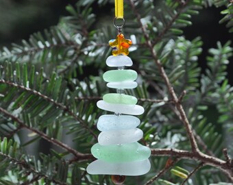 Sea Glass Christmas Tree Ornament, Delightful Stocking Stuffer, Unique Gift, Holiday Package Decor, Genuine Seafoam Mix and Yellow Star