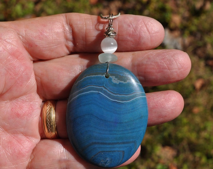 Rock Pendant, Onyx Agate Necklace, Blue Swirling Striped Oval Stone, Genuine Sea Glass Accent, Mexican Opal, Sterling Chain Included B275