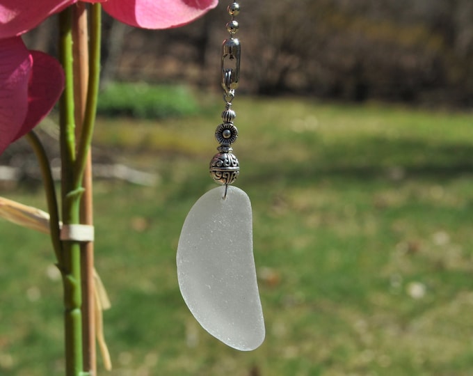 Coastal Fan Pull, Genuine Sea Glass, Ceiling Fan, Light Pull., Suncatcher, Frosty White Drop 716, Decorative Lamp Pull, Beaded Pull