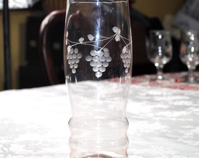 Vintage Pink Depression Large Tea Tumbler/Vase Etched Grapes & Vine 8.25"H 3"D Free Ship