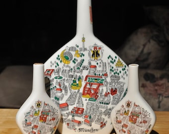Map of Munich Liquor Bottles Set/3 Anton Riemerschmid Germany 10.5" & (2) 5.5" tall Vintage Free Ship