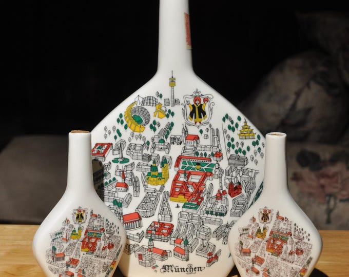 Map of Munich Liquor Bottles Set/3 Anton Riemerschmid Germany 10.5" & (2) 5.5" tall Vintage Free Ship