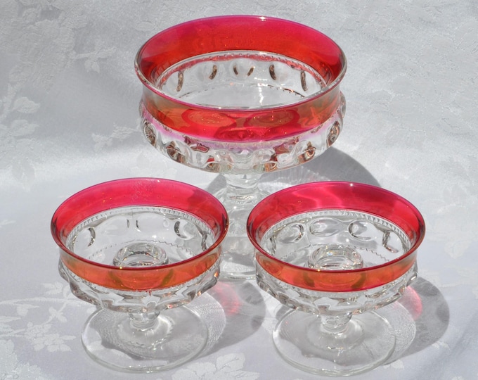 Vintage Kings Crown Ruby Flash Candlestick Holders & Small Compote Set Free Ship