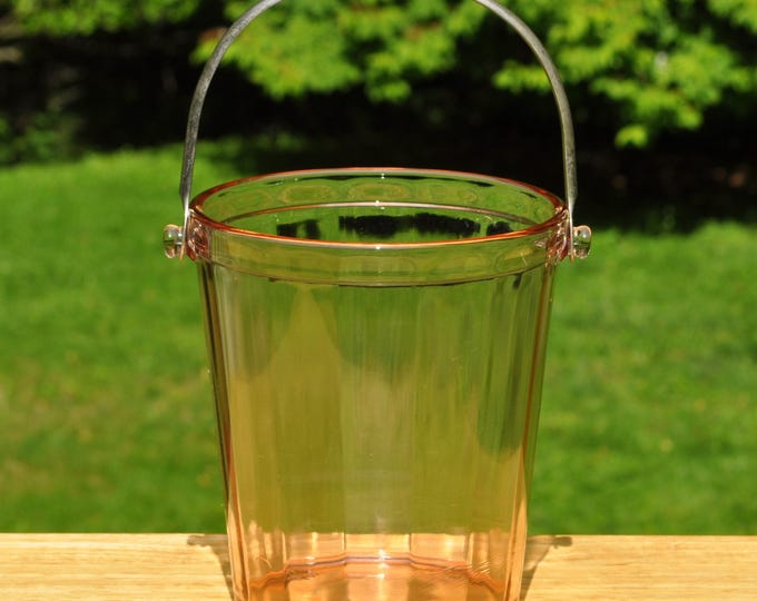 Pink Paneled Ice Bucket Fostoria Art Deco w/ Metal Handle 9.25" Extended Vintage Depression Free Ship
