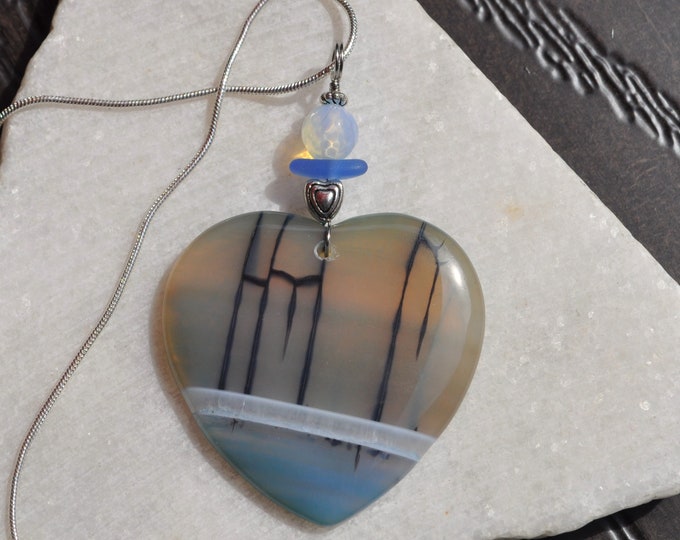 Rock Necklace, Dragon Veins, Fire Agate Pendant, Blue Heart, Genuine Sea Glass Accent, Faceted Opalite Gemstone, Sterling Chain Incl. B28