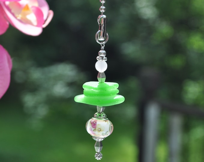 Fan Chain Pull, Genuine Sea Glass, Ceiling Fan Pull, Light Pull, Sun Catcher, Frosty Green Stack 470, Lamp Pull, Beaded Pull, Unique Gifts