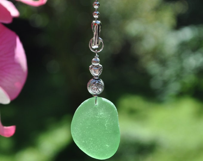 Genuine Sea Glass, Ceiling Fan Pull, Light Pull, Suncatcher, Frosty Green Drop 463, Lamp Pull, Unique Gift, Beaded Pull, Beach Lover Gifts