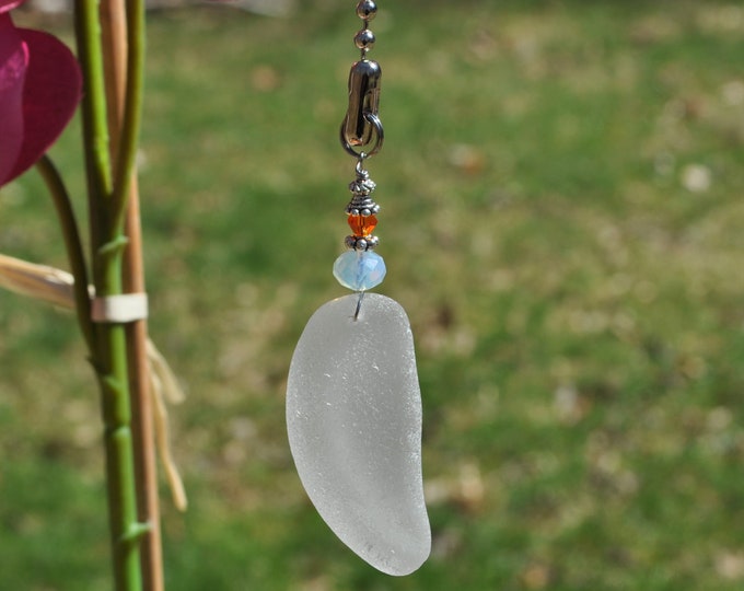 Coastal Lamp Pull, Genuine Sea Glass, Ceiling Fan, Light Pull. Suncatcher (slight hint of gray) Frosty White Drop 715, Decorative Lamp Pull