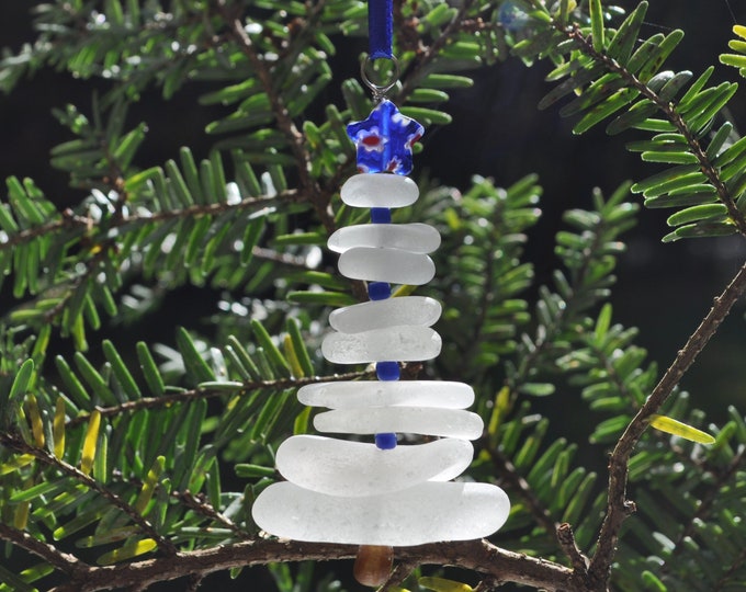 Sea Glass Christmas Tree Ornament, Delightful Stocking Stuffer, Unique Gift, Holiday Package Decor, Genuine White with Dark Blue Star