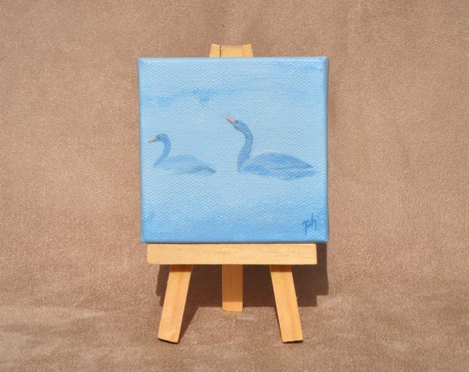 Swans in the Mist Miniature Painting with Easel Mini Canvas Fine Art Ornamental Table Accent Original Acrylic Painting Free Shipping