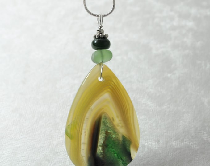 Stone Necklace, Geode Onyx Agate Pendant, Beautiful Large Olive Green, Genuine Sea Glass Accent, Jade Gemstone, Sterling Chain Included B370