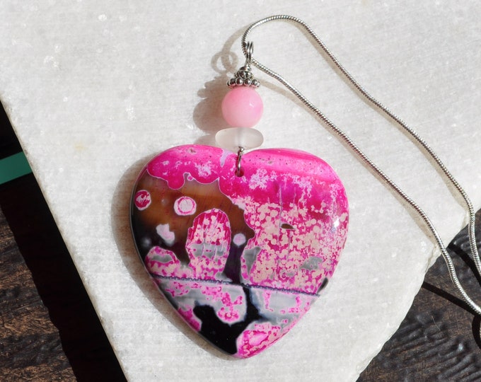 Onyx Dream Agate Necklace Pendant, Large Rose Heart, Genuine Sea Glass Accent, Pink Alexandrite Gemstone, Sterling Chain Included B51