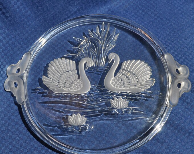 Mikasa Walther Crystal Swan Cake Plate Stand with Handles 12.5" Vintage Free Ship
