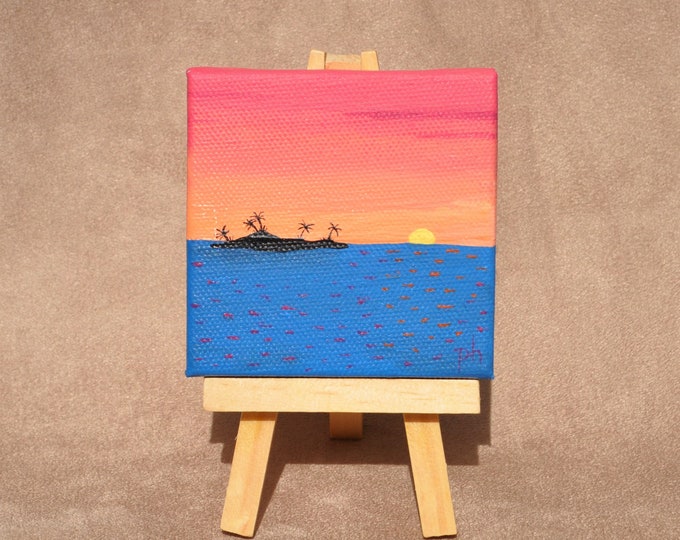 Desert Isle Miniature Painting with Easel Mini Canvas Fine Art Ornamental Beach Decor Original Acrylic Painting Free Shipping