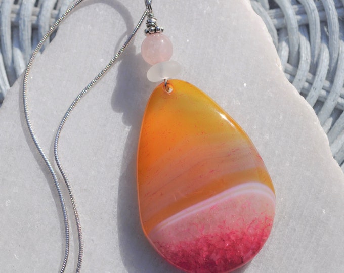 Stone Necklace, Geode Onyx Agate Pendant, Large Pink and Yellow, Genuine Sea Glass Accent, Pink Jade Gemstone, Sterling Chain Included B212