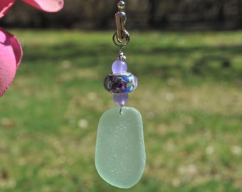 Decorative Fan Pull, Genuine Sea Glass, Ceiling Light Pull, Sun Catcher, Frosty Bright Seafoam Drop 582, Lamp Pull, Beaded Pull, Ocean Gifts