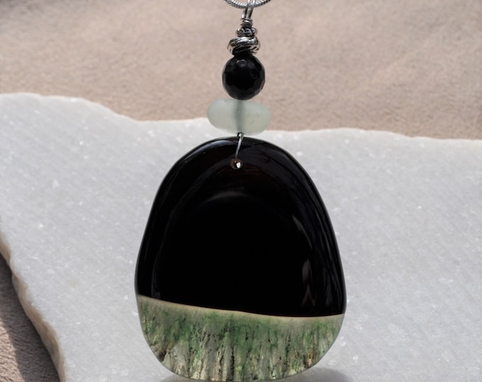 Stone Necklace, Onyx Geode Agate Pendant, Large Oval Rock, Genuine Sea Glass Accent, Faceted Onyx Gemstone, Sterling Chain Included B336