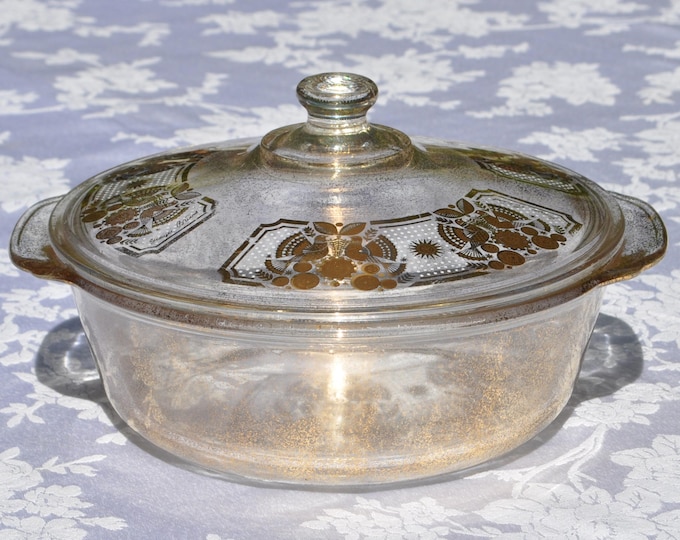 Fire King Sonata Casserole Gold Speckled & Love Birds 2Qt Covered Vintage Free Ship