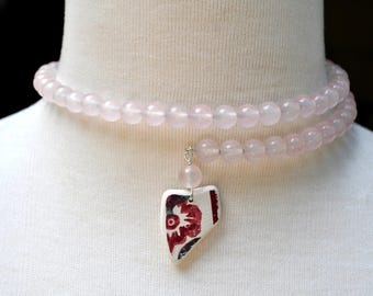 One Size Fits Wrap Around Necklace Rose Quartz Gemstone Necklace with Genuine Sea Pottery Sterling Silver Free Shipping 3378