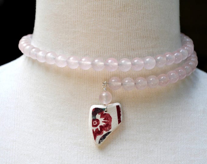 One Size Fits Wrap Around Necklace Rose Quartz Gemstone Necklace with Genuine Sea Pottery Sterling Silver Free Shipping 3378