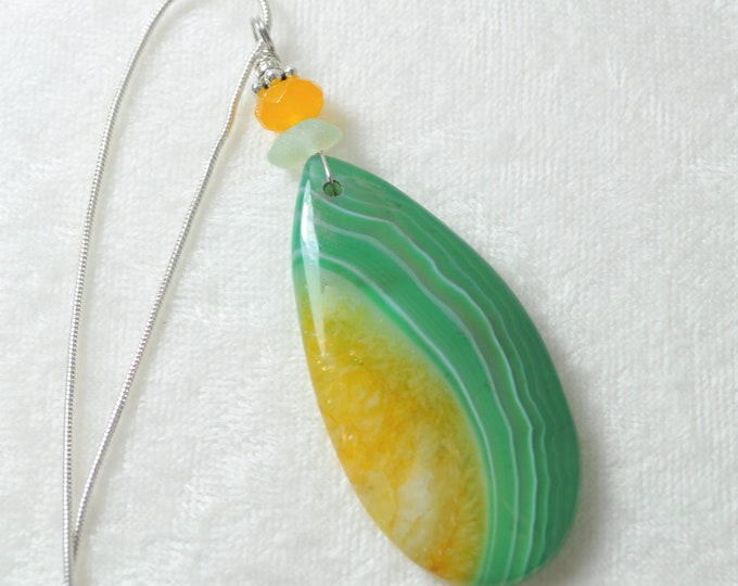 Stone Necklace, Geode Onyx Agate Pendant, Green & Yellow, Genuine Sea Glass Accent, Faceted Yellow Jade Gemstone, Sterling Chain Incl. B362