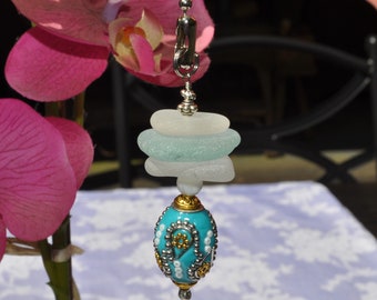Ceiling Fan Pulls, Genuine Sea Glass, Light Pulls, Decorative Suncatcher, Frosty Blue and White Stack 834, Beaded Pull Unique Sun Catcher