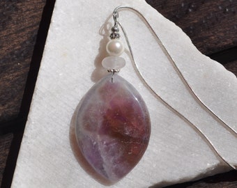 Zebra Amethyst Pendant Necklace, Gorgeous Large Natural Marquise, Genuine Sea Glass Accent, Pearl Bead, Sterling Chain Included B47