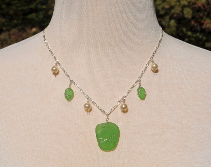 Sea Glass Jewelry Perfect Bright Green Beach Necklace Princess with Pearls Free Shipping 1857