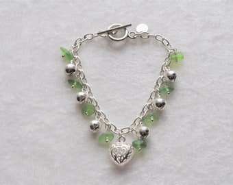 Sea Glass Jewelry Beach Bracelet in Lime Green with Singing Bells and Heart in Sterling 5051