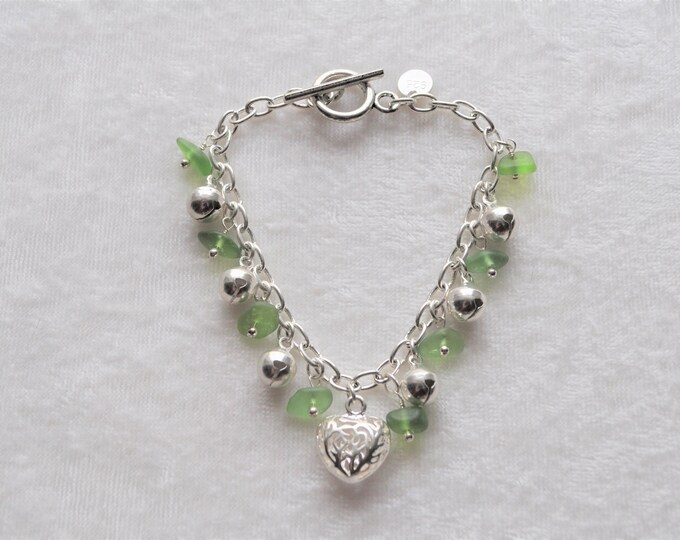 Sea Glass Jewelry Beach Bracelet in Lime Green with Singing Bells and Heart in Sterling 5051