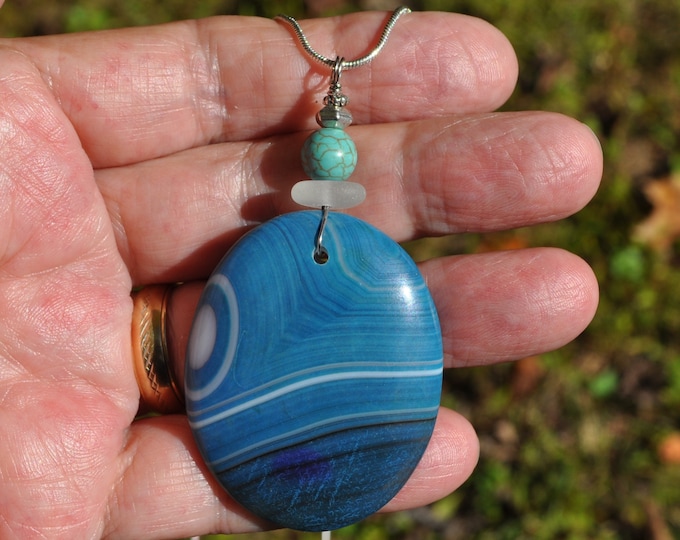 Rock Pendant, Onyx Agate Necklace, Large Blue Striped Oval, Genuine Sea Glass Accent, Turquoise Gemstone, Sterling Chain Included  B294