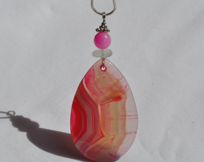 Rock Pendant, Onyx Agate Necklace, Pink Striped Stone, Genuine Sea Glass Accent, Pink Alexandrite Gemstone, Sterling Chain Included B45