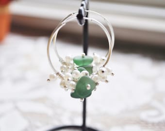Sea Glass Jewelry Beach Earrings Dark Green 30mm Hoops Sterling with Pearls Genuine Sea Glass Beach Hoop Earrings Free Shipping 8454