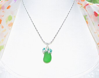 Sea Glass Jewelry Clustered Necklace Green with Peacock Crystals and Pearls 9938 Free Shipping