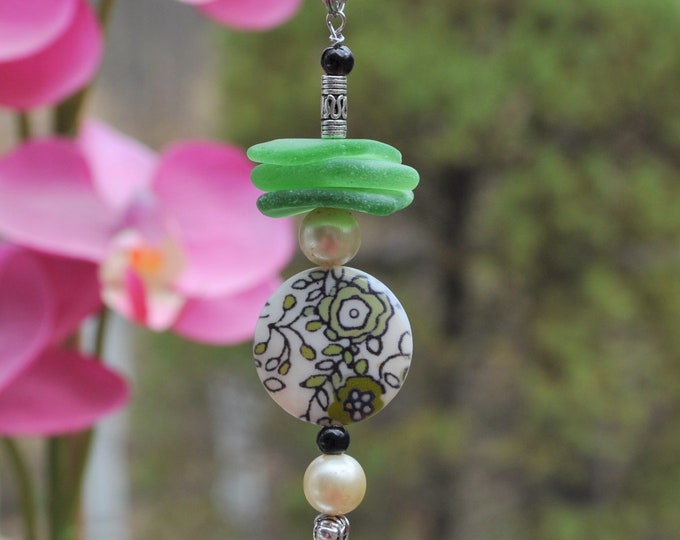 Ceiling Lighting Pull, Genuine Sea Glass, Ceiling Fan Pull, Light Pull, Suncatcher, Frosty Green Stack 415, Lamp Pull, Beach Lover Gifts