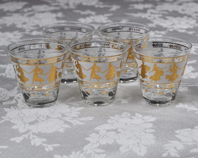 Aldon Gold Leaf Dancers Whisky Lowball 2.75" Glasses Tapered Set/5 Vintage Free Ship