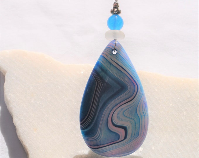 Rock Pendant, Onyx Agate Necklace, Large Blue Striped Stone, Genuine Sea Glass Accent; Blue Topaz Gemstone, Sterling Chain Included B141