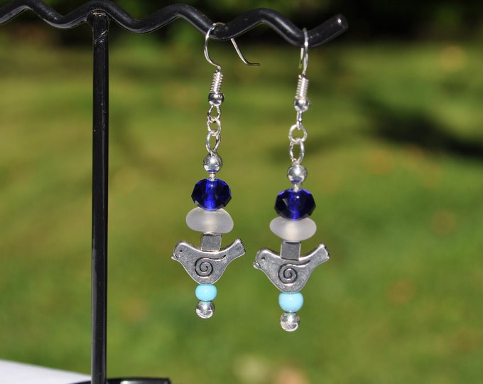 Sea Beach Glass Earrings Beautiful Whites with Crystals & Birds Sterling Silver Genuine Sea Glass Gemstone Earrings Free Shipping 2690
