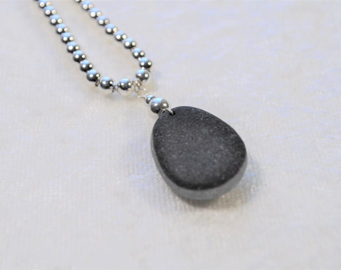 Sea Glass Jewelry Beach Necklace Black and White Sterling Silver Beaded 4580