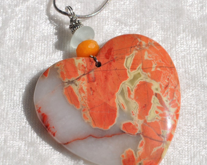 Jasper Necklace Pendant, Beautiful Large Natural Heart Shaped, Genuine Sea Glass Accent, Faceted Citrine Gemstone, Sterling Chain Incl. B188