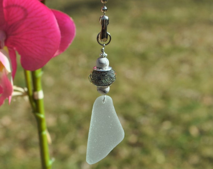 Decorative Fan Pull, Genuine Sea Glass, Ceiling Light Pull, Sun Catcher, Frosty Light Seafoam Drop 532, Lamp Pull, Beaded Pull, Beach Gifts