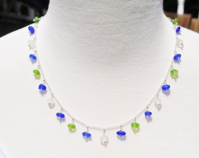 Sea Glass Jewelry Queen Strand Beach Necklace in Cobalt White and Lime 8875