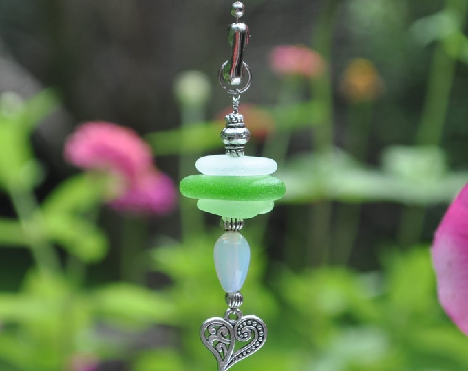 Glass Lamp Pull, Genuine Sea Glass, Ceiling Fan Pull, Light Pull, Sun Catcher, Frosty Mixed Stack 324, Heart Chain Pull, Beaded Pull