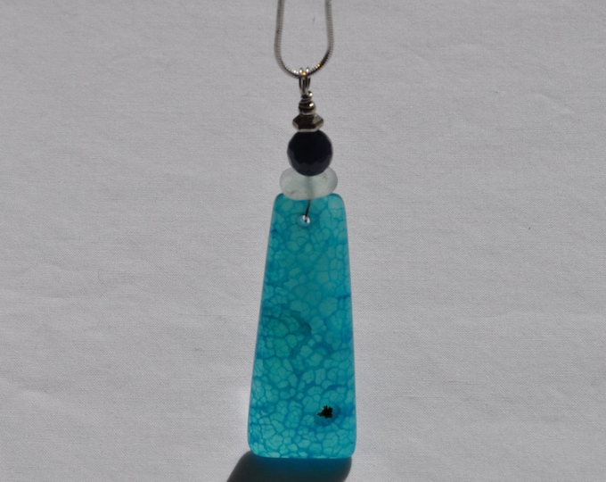 Stone Pendant, Dragon Veins, Fire Agate Necklace, Blue & Black, Genuine Sea Glass Accent, Blue Apatite Gemstone, Sterling Chain Incl.  B139