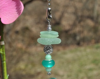 Ceiling Fan Pull, Genuine Sea Glass, Light Pull, Decorative Suncatcher, Frosty Seafoam Mix Stack 576, Beaded Pull, Unique Beach Lover Gift